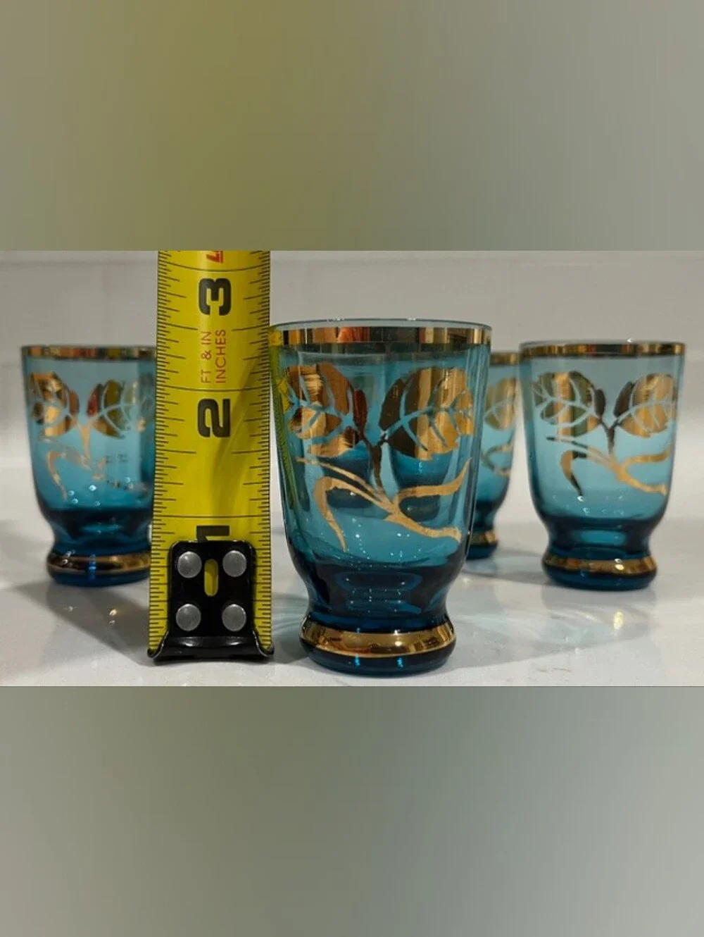Vintage MCM Bohemian‎ Blue & Gold Gilded Liquor Decanter Set With 6 Glasses